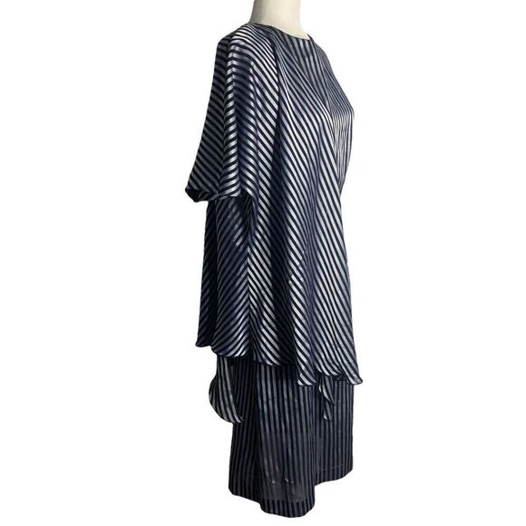 Vintage 80s Slightly Sheer Midi Dress M Blue Stripe Dolman Sleeve Side Ruffle - Picture 3 of 7